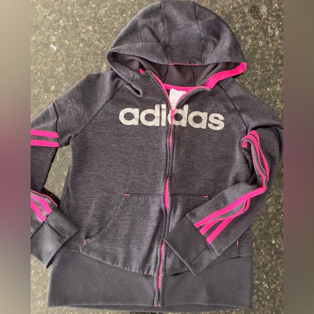 Adidas Kids full zip Charcoal and Pink Hoodie